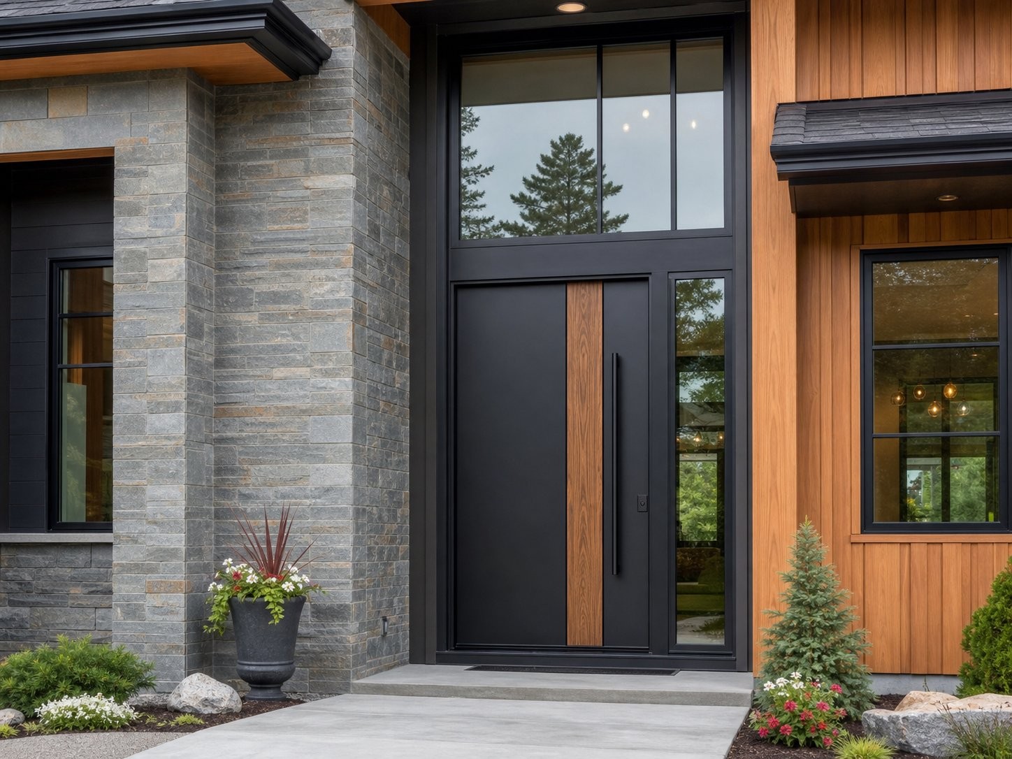 Black Door with Wood Accent
